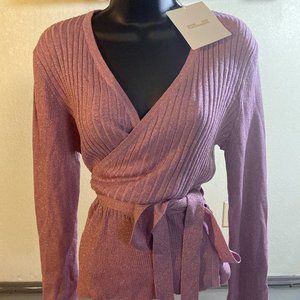Pink Metallic Wrap Sweater